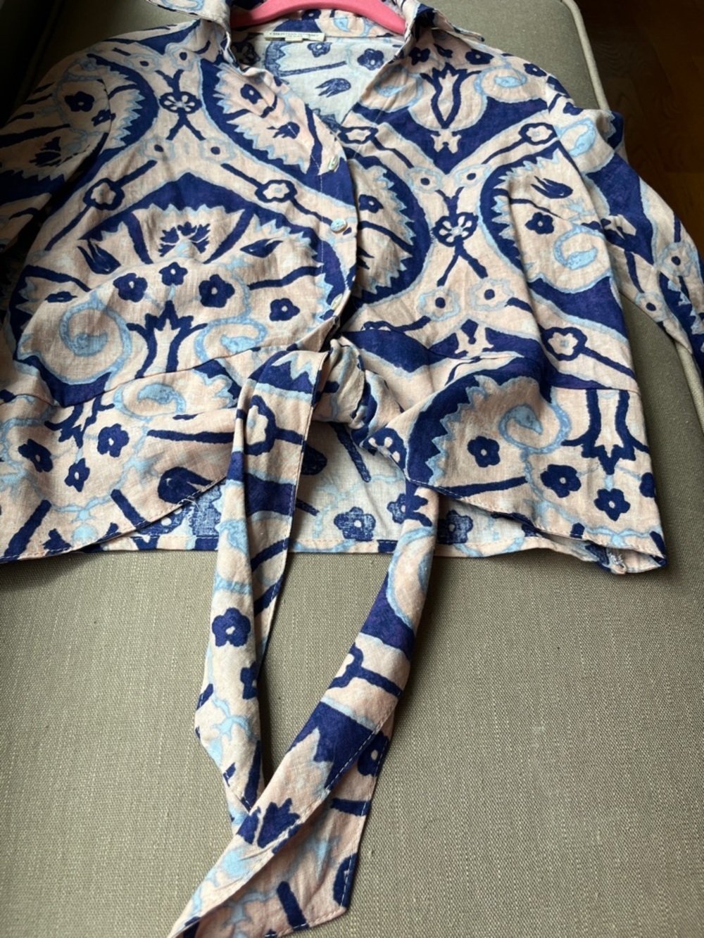 Blue and Blush Line Blend Tie-Front Long Sleeve Button Blouse - Picture 6 of 6